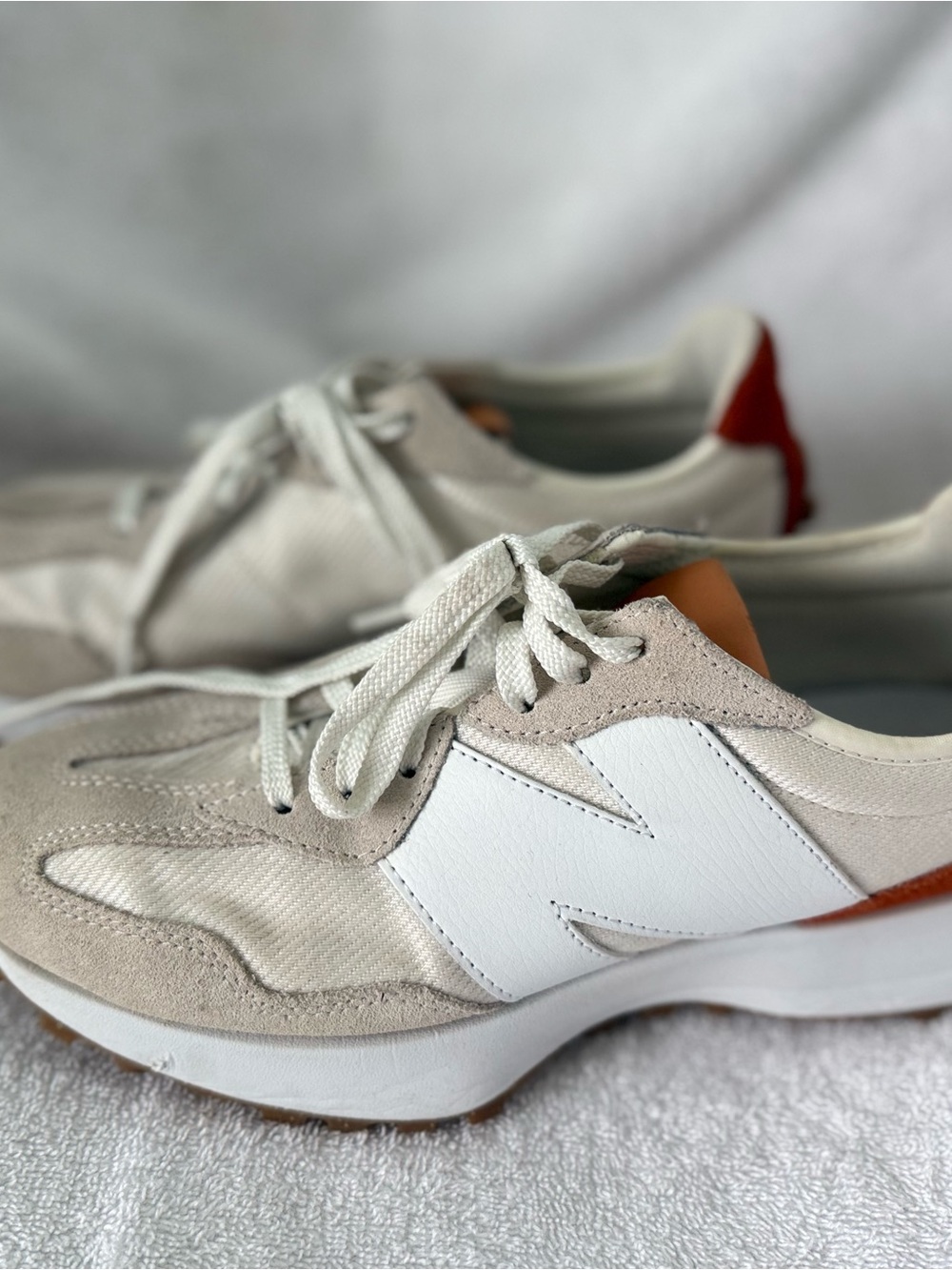 New Balance White & Beige Retro Runner with Orange Heel Tab